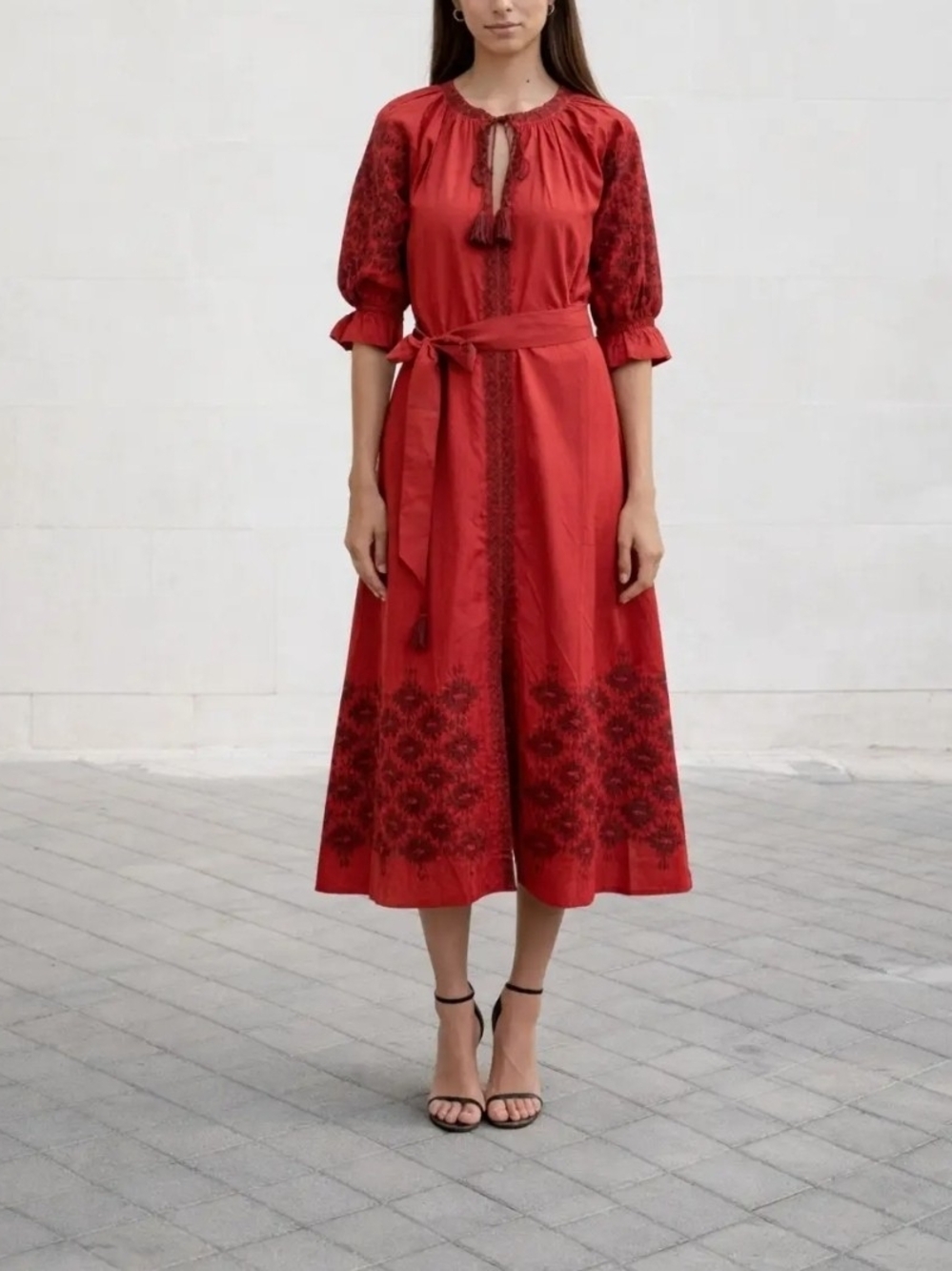 Julia Amory Red Embroidered Tie Neck Midi Dress 3/4 Puff L (No belt included )